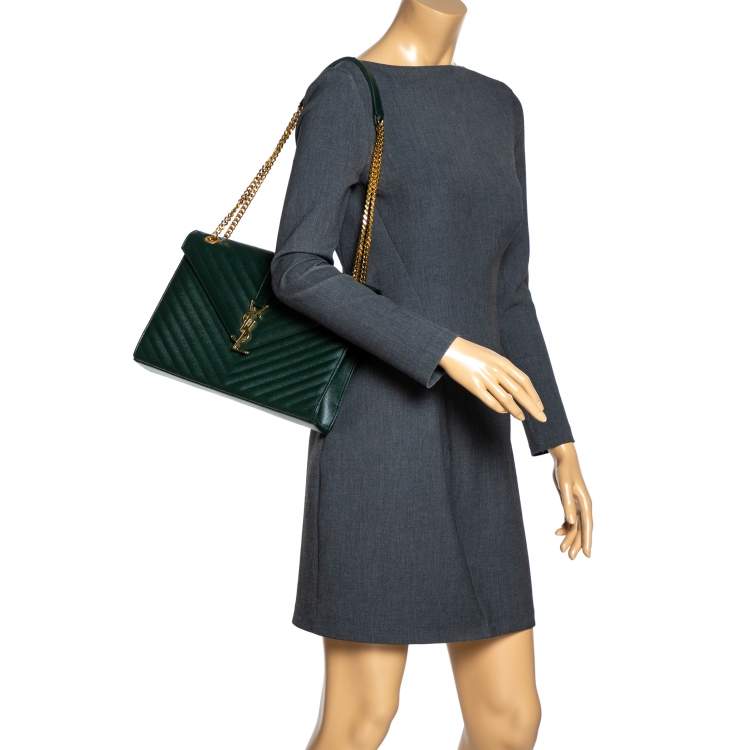 Pre Owned Saint Laurent Green Matelasse Leather Large Cassandre Flap Bag