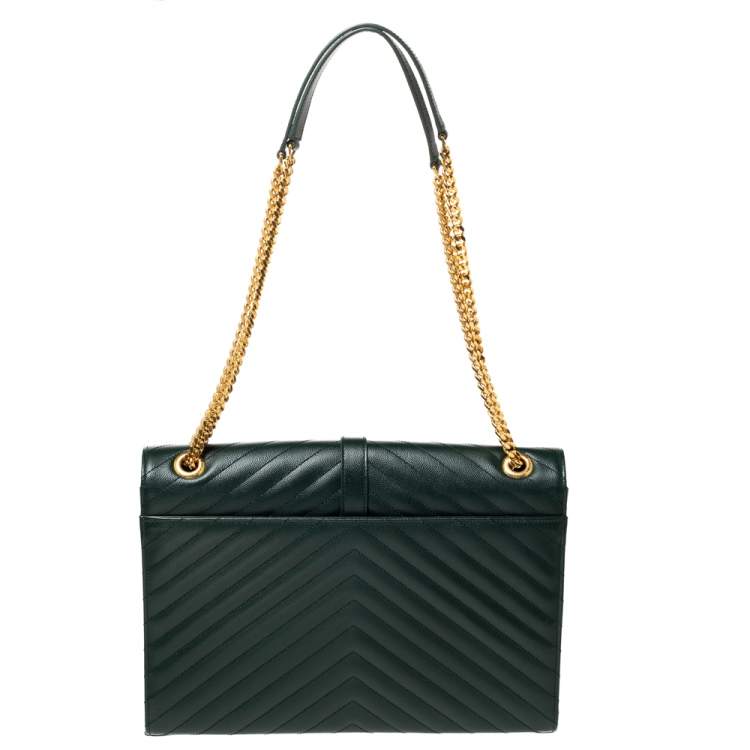 Pre Owned Saint Laurent Green Matelasse Leather Large Cassandre Flap Bag