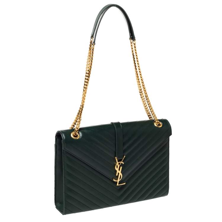 Pre Owned Saint Laurent Green Matelasse Leather Large Cassandre Flap Bag