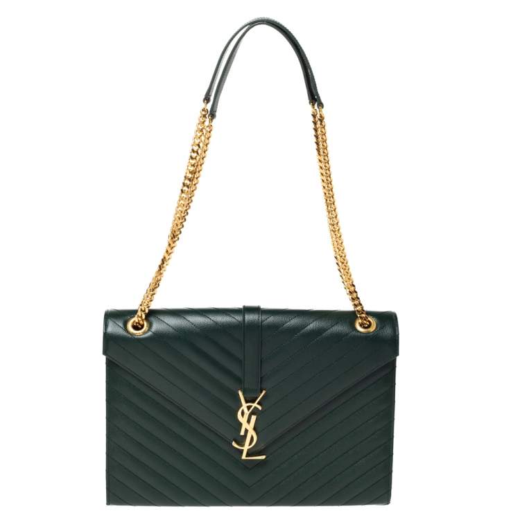 Pre Owned Saint Laurent Green Matelasse Leather Large Cassandre Flap Bag