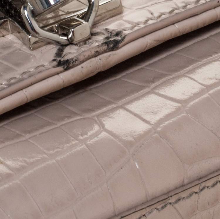 Pre Owned Saint Laurent Vanilla Croc Embossed Leather Medium Kate Tassel Shoulder Bag