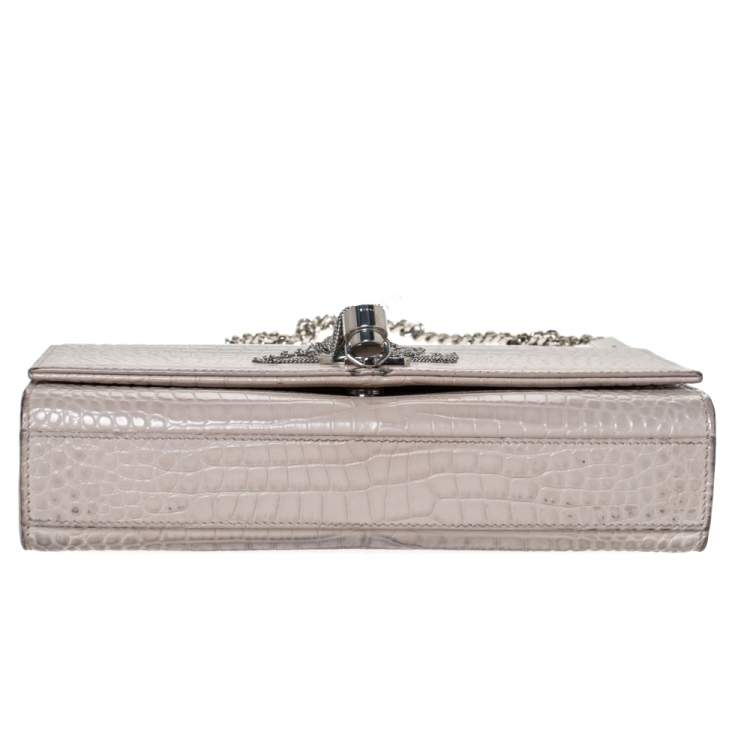 Pre Owned Saint Laurent Vanilla Croc Embossed Leather Medium Kate Tassel Shoulder Bag