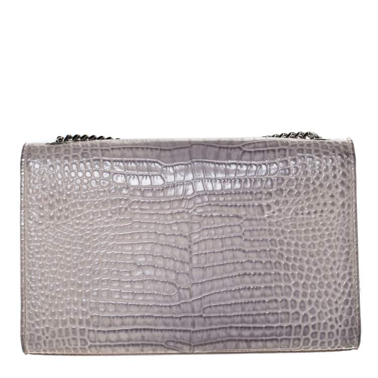 Pre Owned Saint Laurent Vanilla Croc Embossed Leather Medium Kate Tassel Shoulder Bag