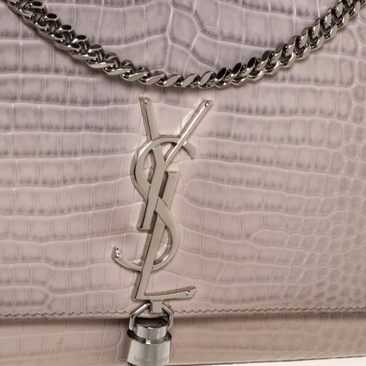Pre Owned Saint Laurent Vanilla Croc Embossed Leather Medium Kate Tassel Shoulder Bag
