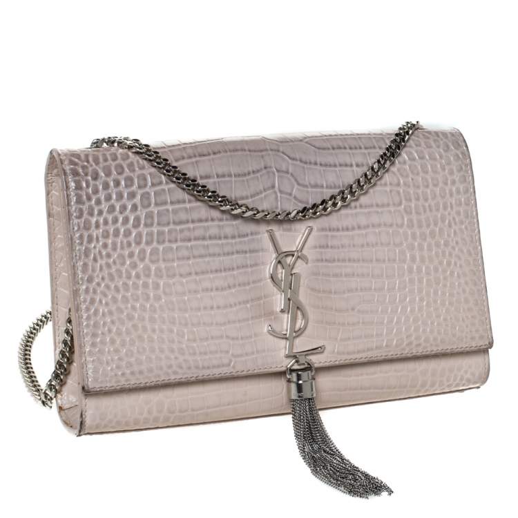 Pre Owned Saint Laurent Vanilla Croc Embossed Leather Medium Kate Tassel Shoulder Bag