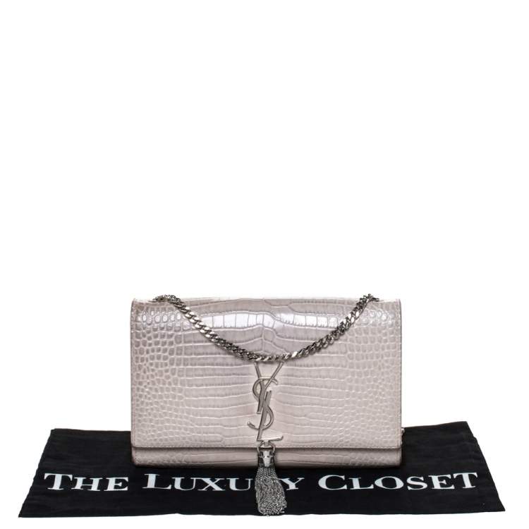 Pre Owned Saint Laurent Vanilla Croc Embossed Leather Medium Kate Tassel Shoulder Bag