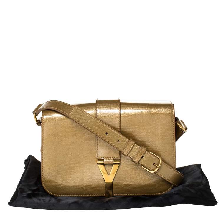 Pre Owned Saint Laurent Gold Patent Leather Medium Chyc Flap Bag