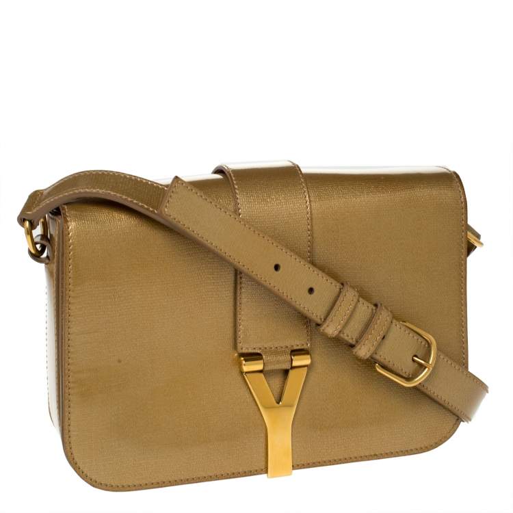 Pre Owned Saint Laurent Gold Patent Leather Medium Chyc Flap Bag