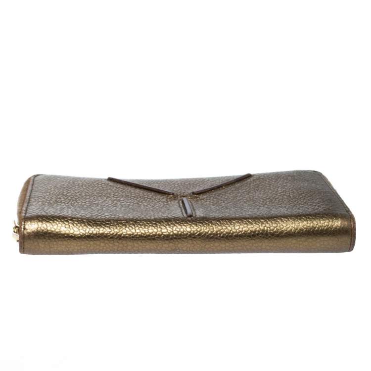 Pre Owned Saint Laurent Metallic Gold Grained Leather Zip Around Wallet