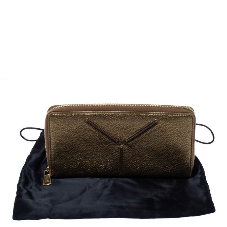 Pre Owned Saint Laurent Metallic Gold Grained Leather Zip Around Wallet