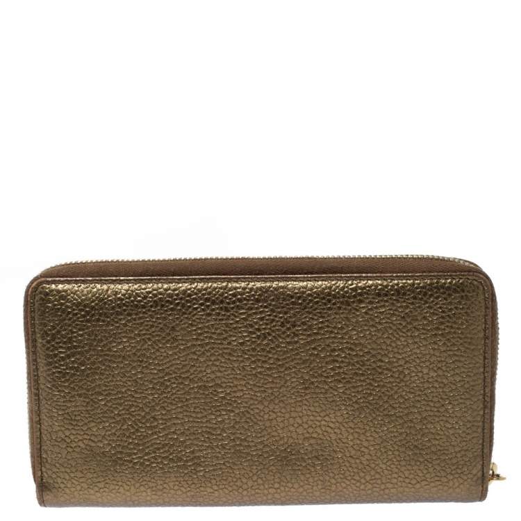 Pre Owned Saint Laurent Metallic Gold Grained Leather Zip Around Wallet