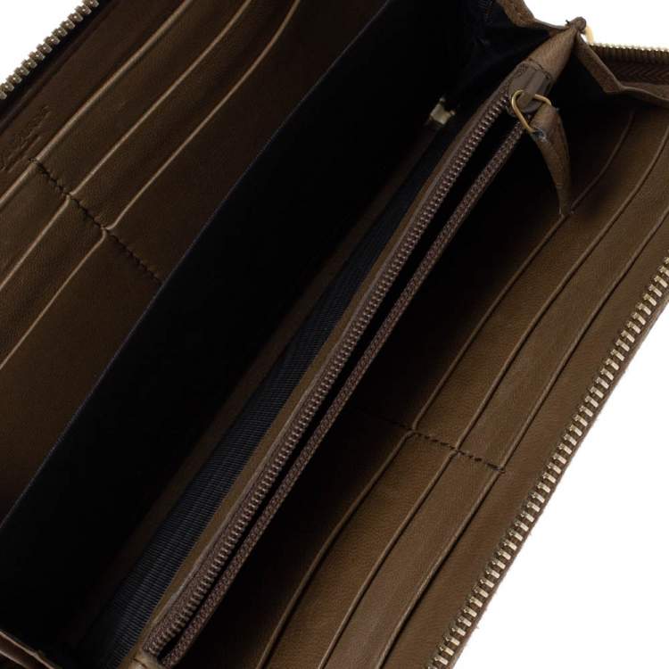 Pre Owned Saint Laurent Metallic Gold Grained Leather Zip Around Wallet