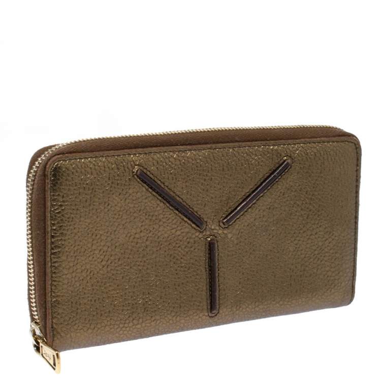 Pre Owned Saint Laurent Metallic Gold Grained Leather Zip Around Wallet