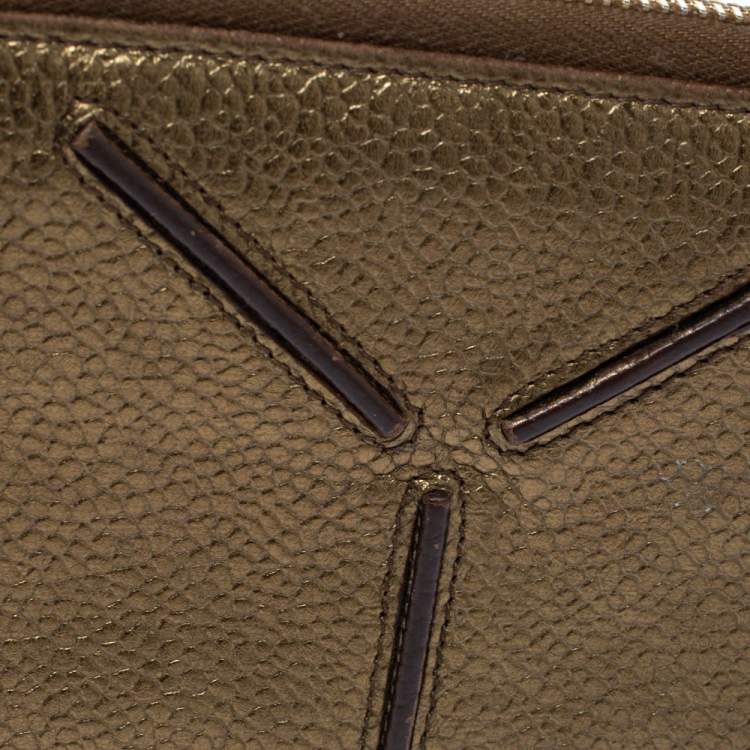 Pre Owned Saint Laurent Metallic Gold Grained Leather Zip Around Wallet