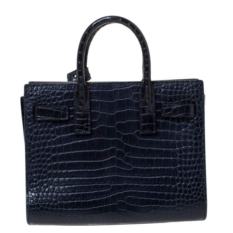 Pre Owned Saint Laurent Navy Blue Croc Embossed Leather Nano Classic Sac De Jour Tote