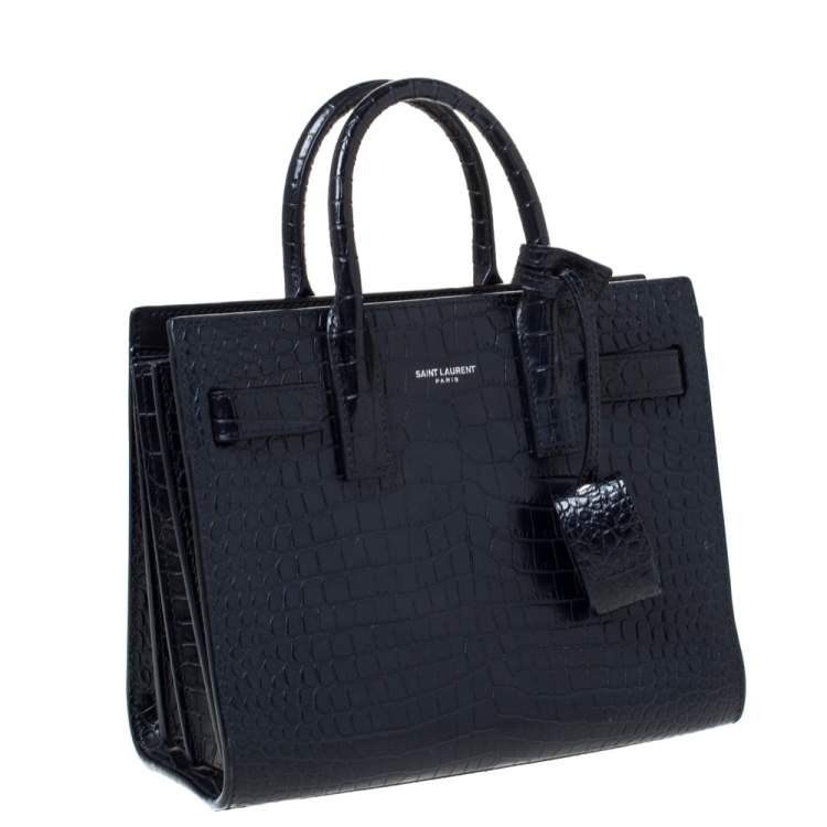 Pre Owned Saint Laurent Navy Blue Croc Embossed Leather Nano Classic Sac De Jour Tote