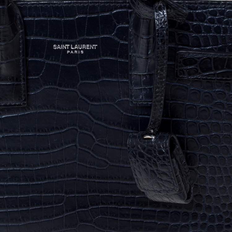 Pre Owned Saint Laurent Navy Blue Croc Embossed Leather Nano Classic Sac De Jour Tote