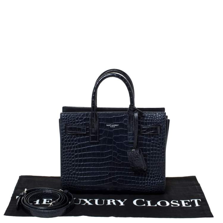 Pre Owned Saint Laurent Navy Blue Croc Embossed Leather Nano Classic Sac De Jour Tote