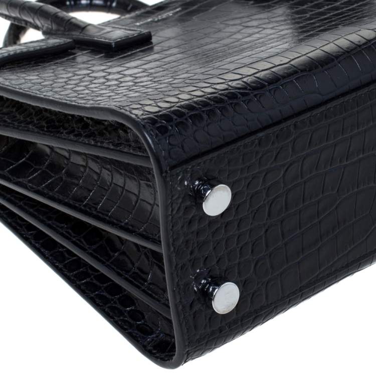 Pre Owned Saint Laurent Navy Blue Croc Embossed Leather Nano Classic Sac De Jour Tote