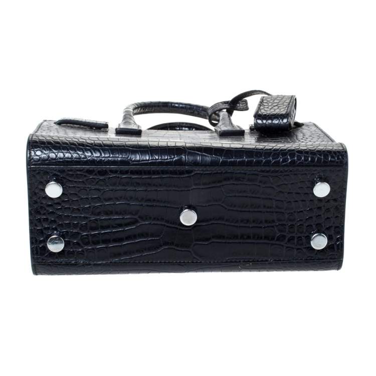 Pre Owned Saint Laurent Navy Blue Croc Embossed Leather Nano Classic Sac De Jour Tote
