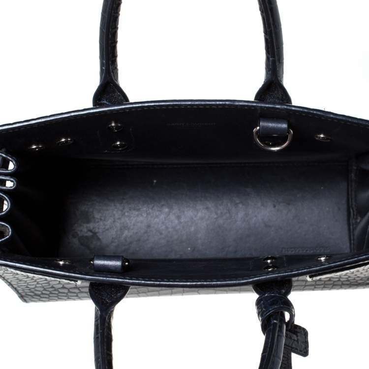 Pre Owned Saint Laurent Navy Blue Croc Embossed Leather Nano Classic Sac De Jour Tote