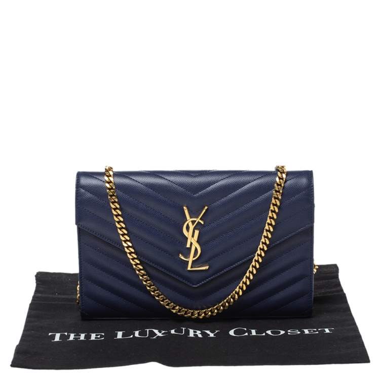 Pre Owned Saint Laurent Midnight Blue Matelasee Leather Monogram Envelope Wallet-On-Chain