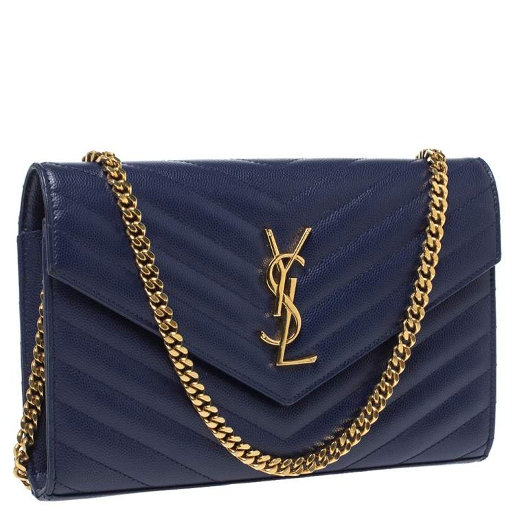 Pre Owned Saint Laurent Midnight Blue Matelasee Leather Monogram Envelope Wallet-On-Chain