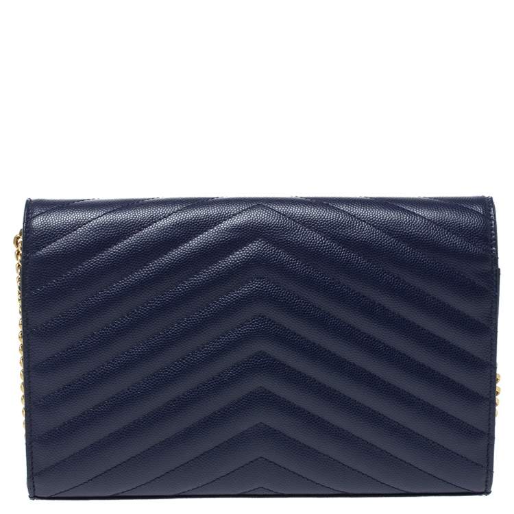 Pre Owned Saint Laurent Midnight Blue Matelasee Leather Monogram Envelope Wallet-On-Chain