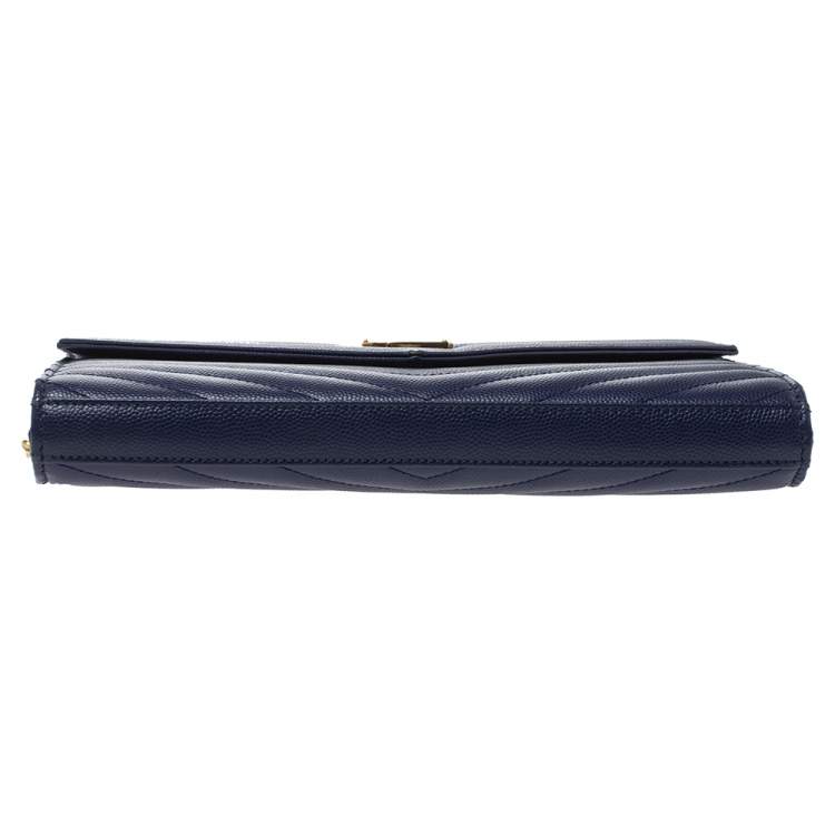 Pre Owned Saint Laurent Midnight Blue Matelasee Leather Monogram Envelope Wallet-On-Chain