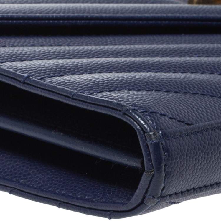 Pre Owned Saint Laurent Midnight Blue Matelasee Leather Monogram Envelope Wallet-On-Chain