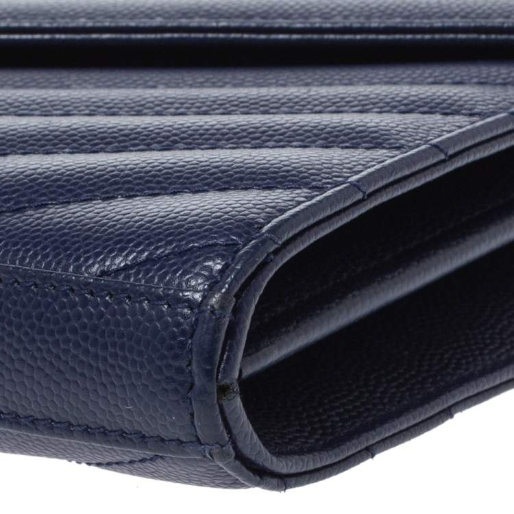 Pre Owned Saint Laurent Midnight Blue Matelasee Leather Monogram Envelope Wallet-On-Chain