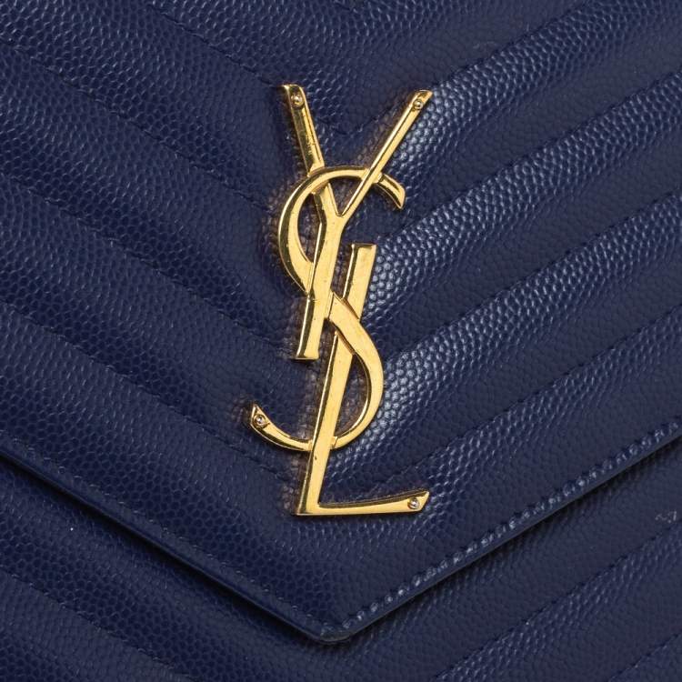 Pre Owned Saint Laurent Midnight Blue Matelasee Leather Monogram Envelope Wallet-On-Chain
