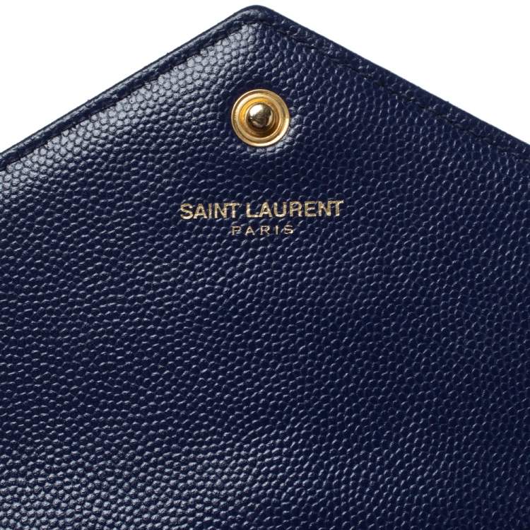 Pre Owned Saint Laurent Midnight Blue Matelasee Leather Monogram Envelope Wallet-On-Chain