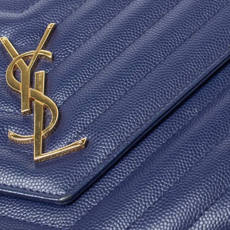 Pre Owned Saint Laurent Midnight Blue Matelasee Leather Monogram Envelope Wallet-On-Chain
