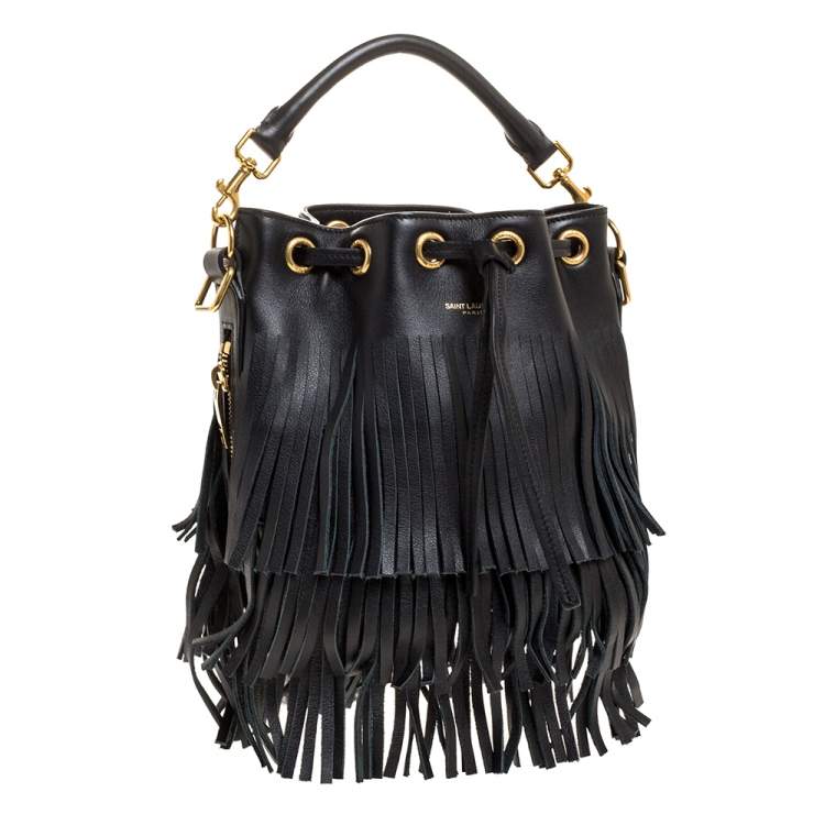 Pre Owned Saint Laurent Black Leather Small Emmanuelle Fringed Bucket Bag