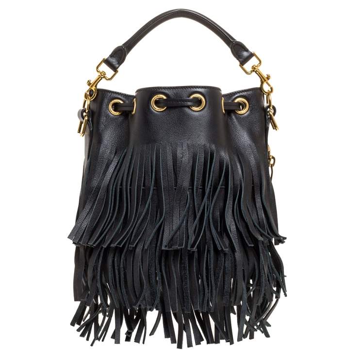 Pre Owned Saint Laurent Black Leather Small Emmanuelle Fringed Bucket Bag