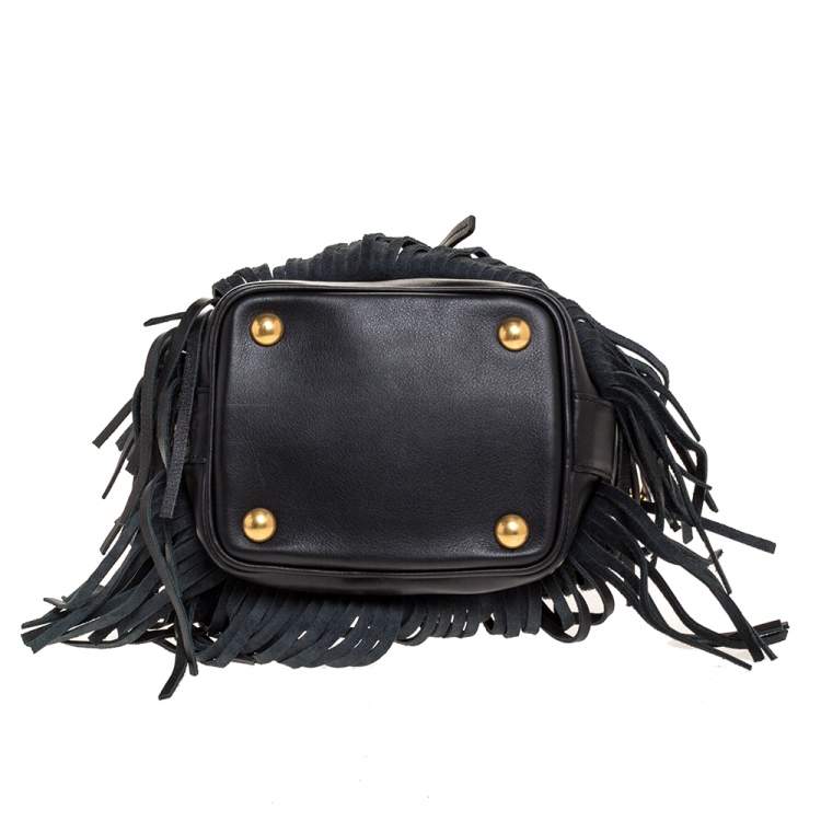 Pre Owned Saint Laurent Black Leather Small Emmanuelle Fringed Bucket Bag