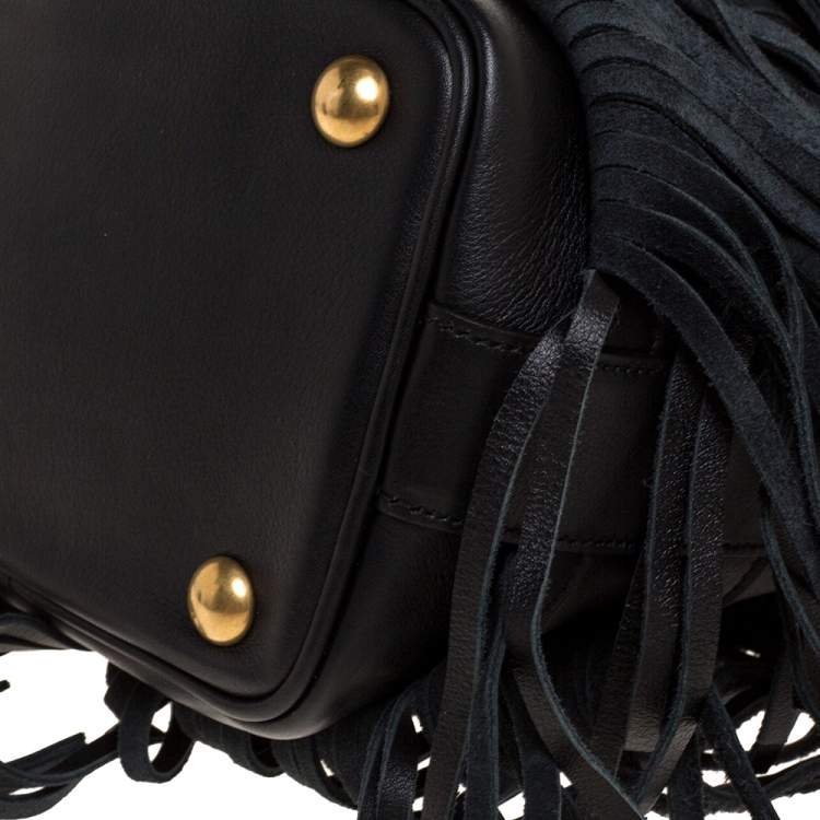 Pre Owned Saint Laurent Black Leather Small Emmanuelle Fringed Bucket Bag