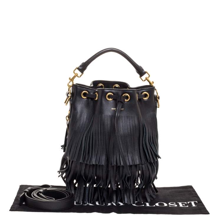 Pre Owned Saint Laurent Black Leather Small Emmanuelle Fringed Bucket Bag