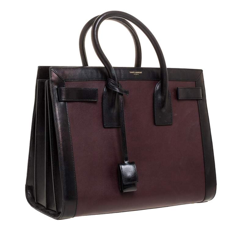 Pre Owned Saint Laurent Burgundy/Black Leather Small Classic Sac De Jour Tote