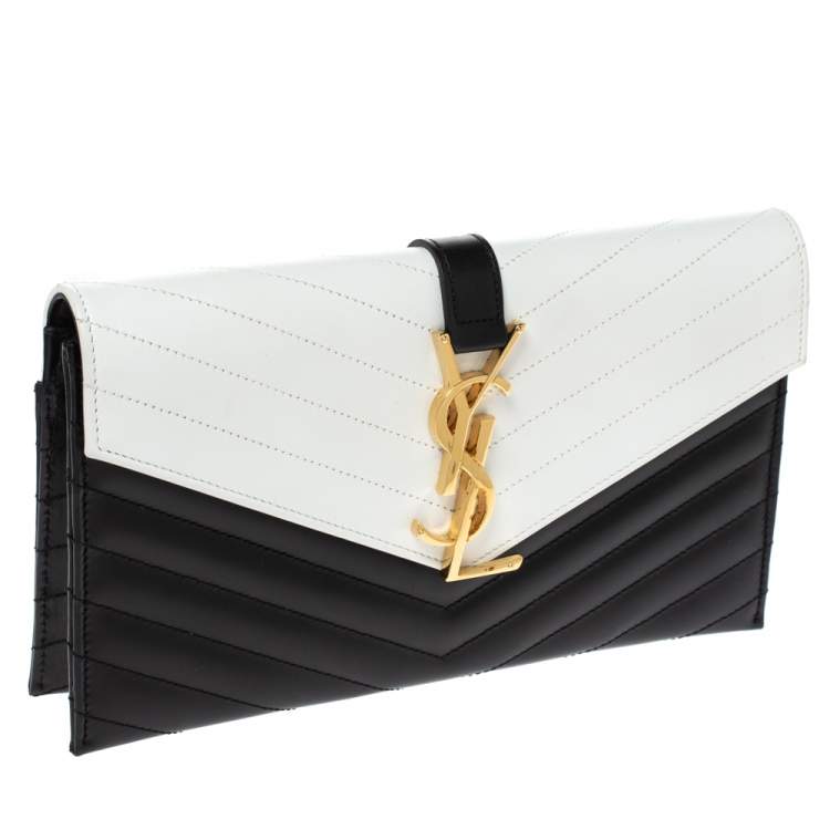 Pre Owned Saint Laurent Black/White Matelassé Leather Envelope Clutch        