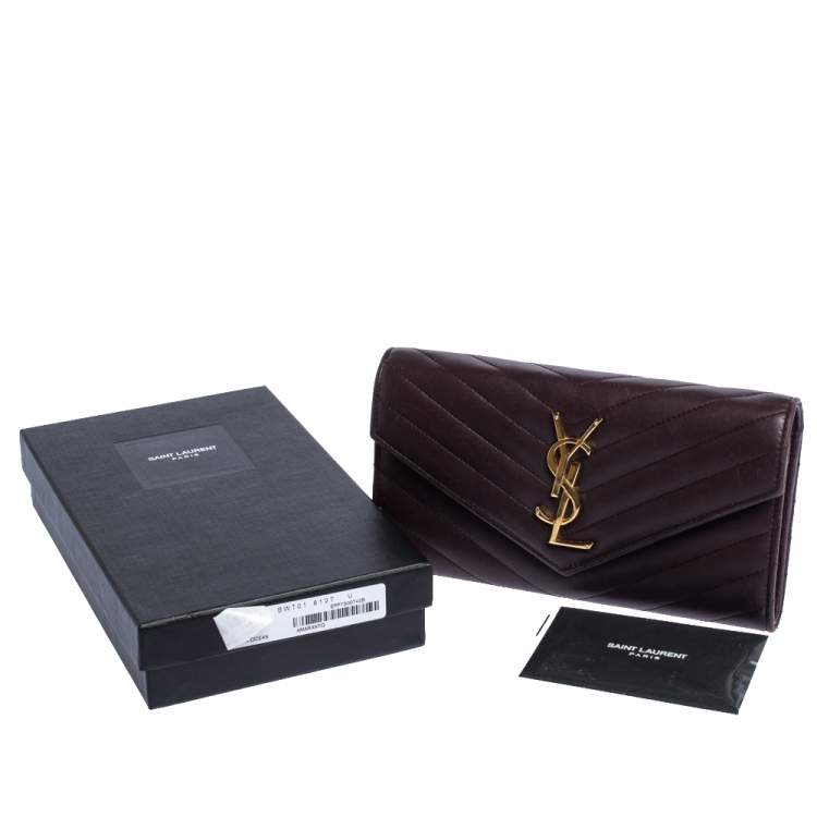Pre Owned Saint Laurent Burgundy Matelasse Leather Monogram Envelope Wallet
