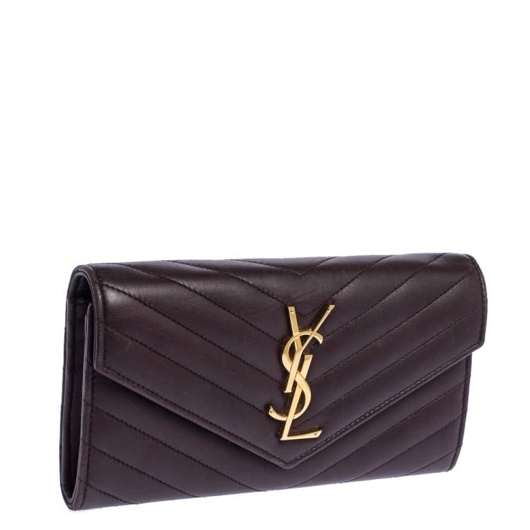 Pre Owned Saint Laurent Burgundy Matelasse Leather Monogram Envelope Wallet