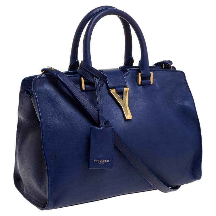 Pre Owned Saint Laurent Blue Leather Small Cabas Ligne Y Tote