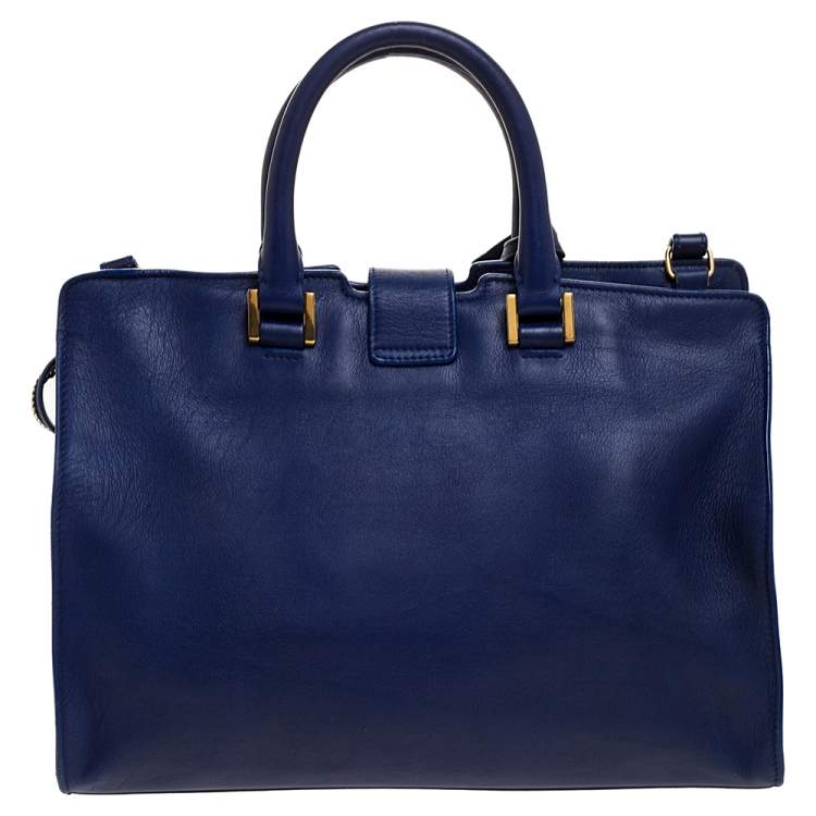 Pre Owned Saint Laurent Blue Leather Small Cabas Ligne Y Tote