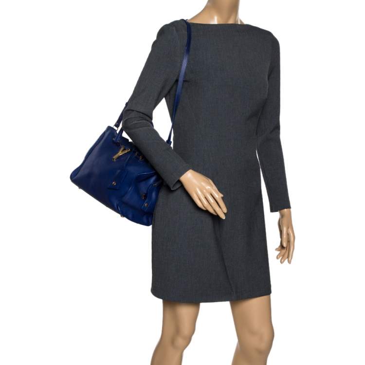 Pre Owned Saint Laurent Blue Leather Small Cabas Ligne Y Tote