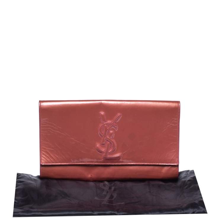 Pre Owned Yves Saint Laurent Coral Orange Patent Leather Belle De Jour Flap Clutch