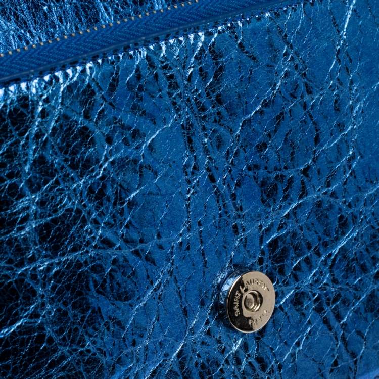 Pre Owned Saint Laurent Metallic Blue Crackled Leather Kate Tassel Wallet on Chain 