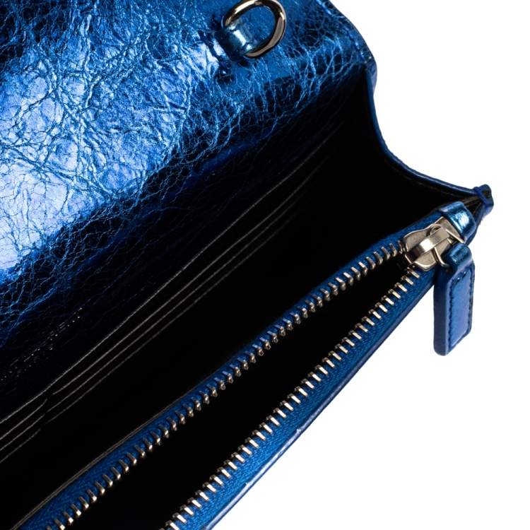 Pre Owned Saint Laurent Metallic Blue Crackled Leather Kate Tassel Wallet on Chain 