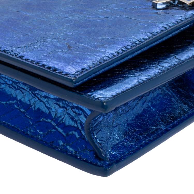 Pre Owned Saint Laurent Metallic Blue Crackled Leather Kate Tassel Wallet on Chain 